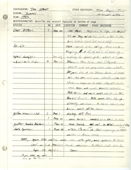 Field report was contributed by Tom Staudt and Timothy L. Dwyer, observer. This item was used as supporting documentation for the Iowa Ornithologists Union Quarterly field report of summer 1982.