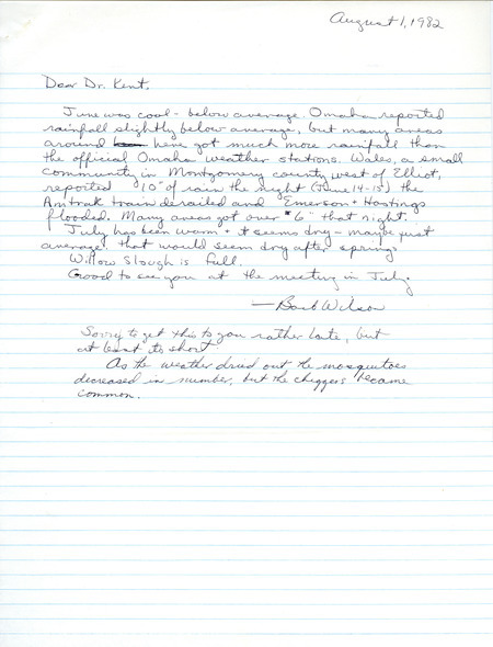 Bird breeding report was contributed by Barbara L. Wilson in a letter to Thomas H. Kent. This item was used as supporting documentation for the Iowa Ornithologists' Union Quarterly field report of summer 1982.