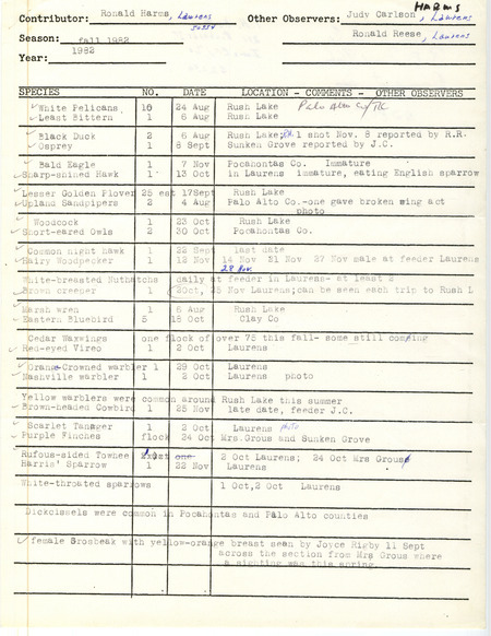 Field report contributed by Ronald Harms and other observers. This item was used as supporting documentation for the Iowa Ornithologists' Union Quarterly field report of fall 1982.
