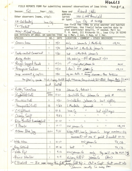 Field report contributed by Richard J. Hollis and other observers. This item was used as supporting documentation for the Iowa Ornithologists' Union Quarterly field report of fall 1982.