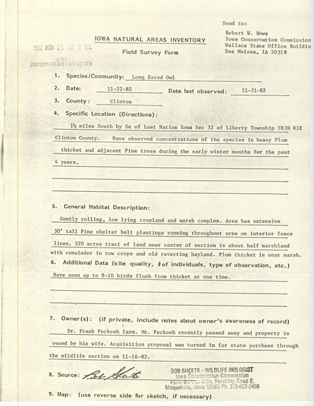 Field survey was contributed by Bob Sheets to Robert W. Howe regarding concentrations of Long-eared Owl in heavy Plum thicket and Pine trees in Clinton County, Iowa. This item was used as supporting documentation for the Iowa Ornithologists' Union Quarterly field report of fall 1982.