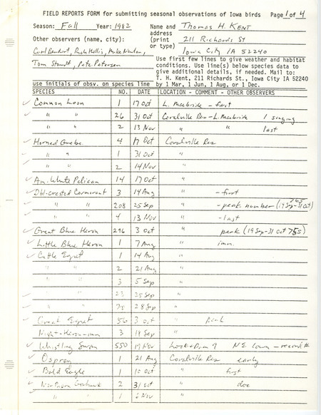 Field report contributed by Thomas H. Kent and other observers. This item was used as supporting documentation for the Iowa Ornithologists' Union Quarterly field report of fall 1982.