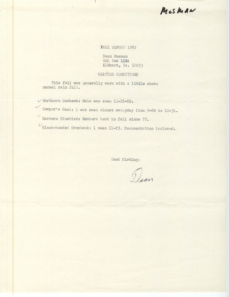 Field notes were contributed by Dean Mosman. This item was used as supporting documentation for the Iowa Ornithologists' Union Quarterly field report of fall 1982.