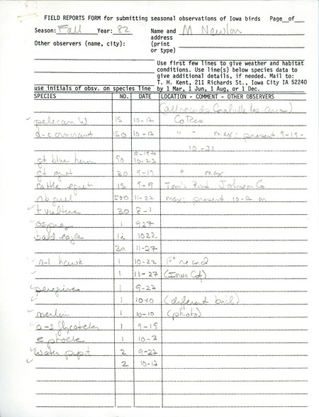Field notes were contributed by Michael C. Newlon. This item was used as supporting documentation for the Iowa Ornithologists' Union Quarterly field report of fall 1982.