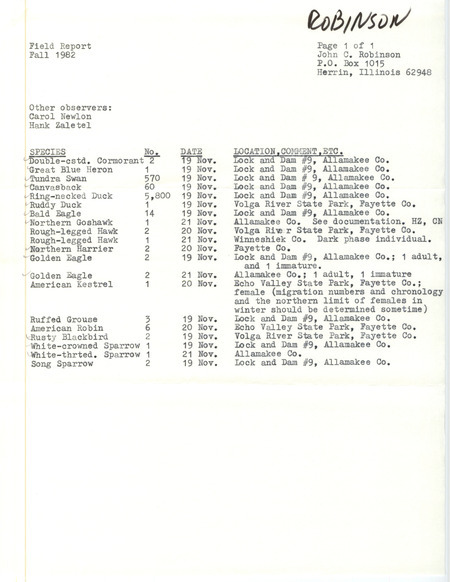 Field notes were contributed by John C. Robinson and other observers. This item was used as supporting documentation for the Iowa Ornithologists' Union Quarterly field report of fall 1982.