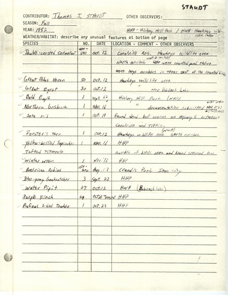 Field notes were contributed by Thomas J. Staudt. This item was used as supporting documentation for the Iowa Ornithologists' Union Quarterly field report of fall 1982.