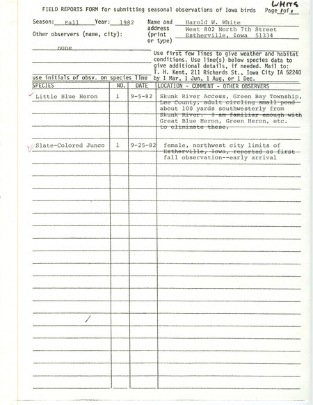 Field notes were contributed by Harold W. White. This item was used as supporting documentation for the Iowa Ornithologists' Union Quarterly field report of fall 1982.