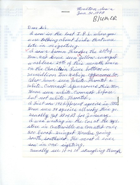 Letter from Dwight N. Blumer to Thomas H. Kent regarding winter bird sightings, January 30, 1983. This item was used as supporting documentation for the Iowa Ornithologists' Union Quarterly field report of winter 1982-1983.