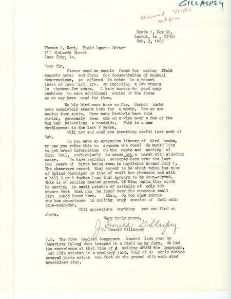 Letter from J. Donald Gillaspey to Thomas H. Kent regarding winter bird sightings February 3, 1983. Also included is a request from Gillaspey for more information on the nests and nesting habits of the King Rail. This item was used as supporting documentation for the Iowa Ornithologists' Union Quarterly field report of winter 1982-1983.