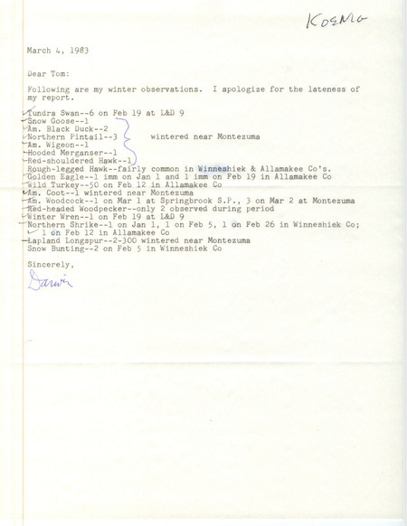 Letter from Darwin Koenig to Thomas H. Kent regarding winter bird sightings, March 4, 1983. This item was used as supporting documentation for the Iowa Ornithologists' Union Quarterly field report of winter 1982-1983.