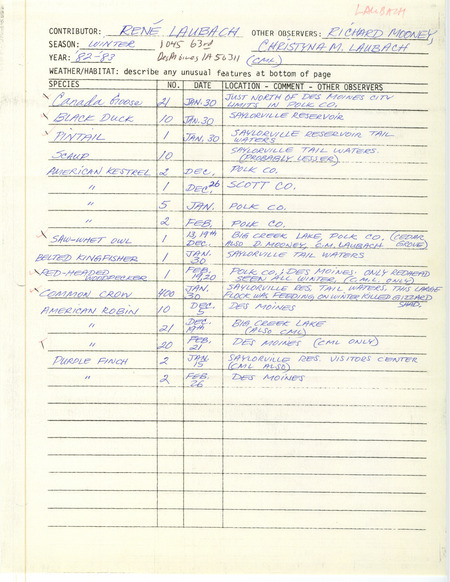 Winter report of birds and locations contributed by Rene Laubach. This item was used as supporting documentation for the Iowa Ornithologists' Union Quarterly field report of winter 1982-1983.
