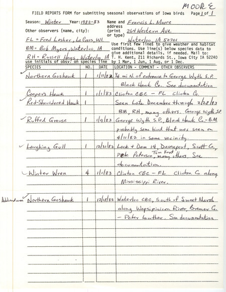 Winter report of birds and locations contributed by Francis L. Moore. This item was used as supporting documentation for the Iowa Ornithologists' Union Quarterly field report of winter 1982-1983.