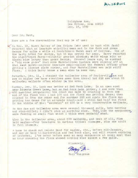 Letter from Mary R. Musgrove to Thomas H. Kent regarding winter bird sightings, December 16, 1982. This item was used as supporting documentation for the Iowa Ornithologists' Union Quarterly field report of winter 1982-1983.