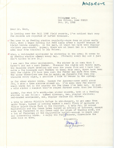Letter from Mary R. Musgrove to Thomas H. Kent regarding additional winter bird sightings, February 16, 1983. This item was used as supporting documentation for the Iowa Ornithologists' Union Quarterly field report of winter 1982-1983.
