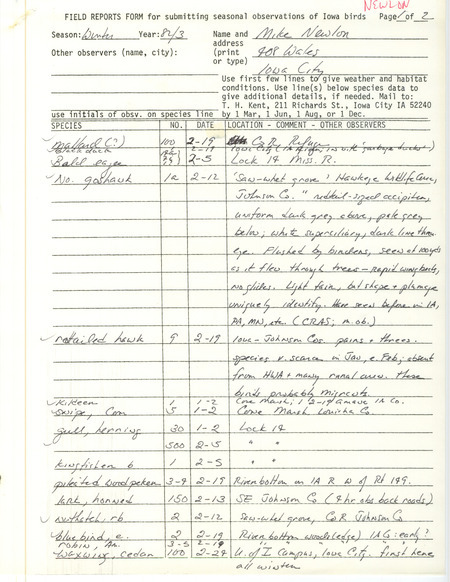 Winter report of birds found in eastern Iowa contributed by Michael C. Newlon. This item was used as supporting documentation for the Iowa Ornithologists' Union Quarterly field report of winter 1982-1983.