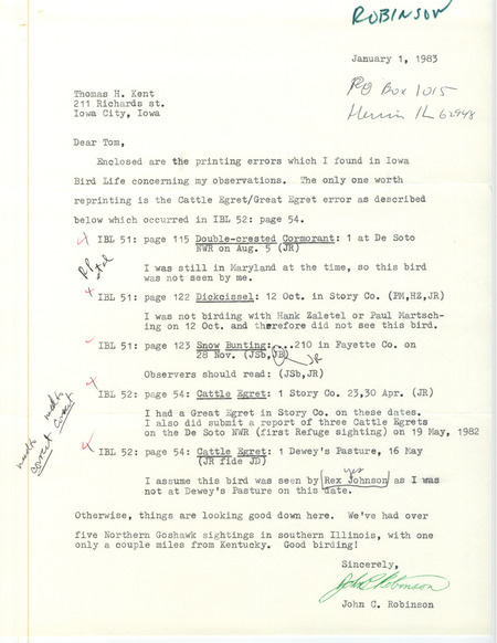 Letter from John C. Robinson to Thomas H. Kent regarding Iowa Bird Life printing errors with his bird sightings, January 1, 1983. This item was used as supporting documentation for the Iowa Ornithologists' Union Quarterly field report of winter 1982-1983.