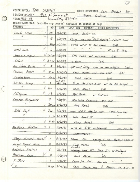 Winter report of birds and locations contributed by Thomas J. Staudt. This item was used as supporting documentation for the Iowa Ornithologists' Union Quarterly field report of 1982-1983.