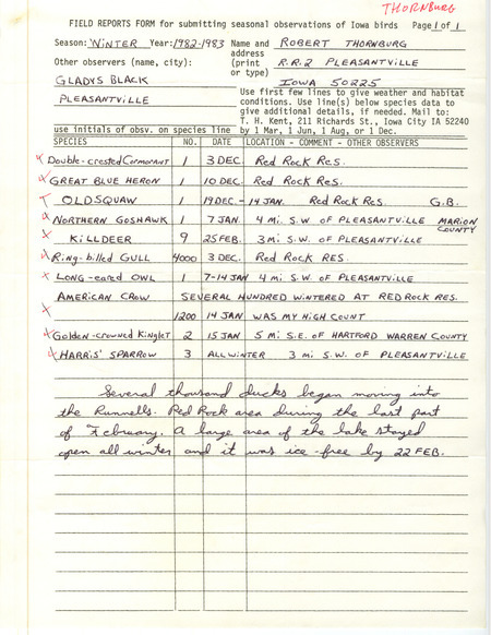 Winter report of birds found in central Iowa contributed by Robert E. Thornburg. This item was used as supporting documentation for the Iowa Ornithologists' Union Quarterly field report of winter 1982-1983.