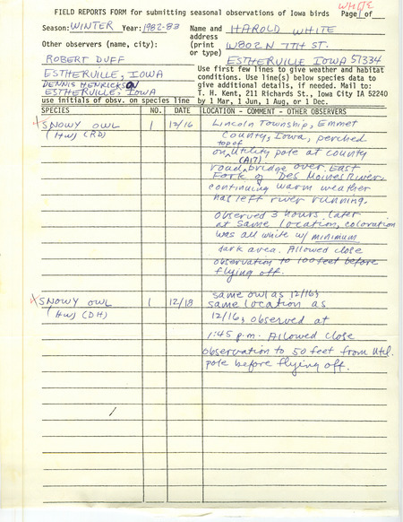 Winter report of Snowy Owl sightings found in Lincoln Township, Emmet County, contributed by Harold W. White. This item was used as supporting documentation for the Iowa Ornithologists' Union Quarterly field report of winter 1982-1983.
