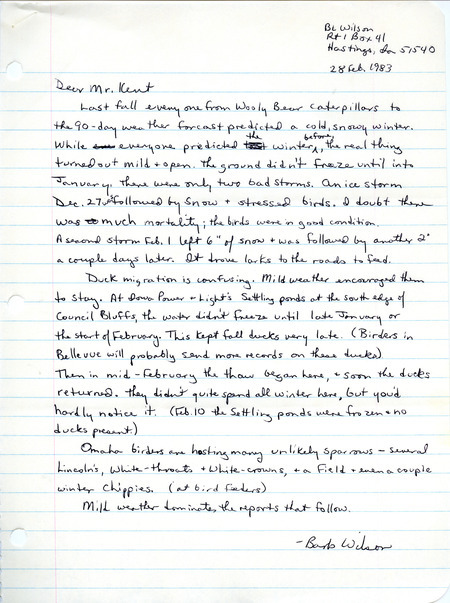 Letter from Barbara L. Wilson to Thomas H. Kent regarding winter bird sightings, February 28, 1983. A population report covering 1978 through February 1983 for the Hairy Woodpecker is included. This item was used as supporting documentation for the Iowa Ornithologists' Union Quarterly field report of winter 1982-1983.