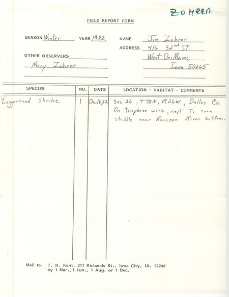 Winter report about a Loggerhead Shrike sighting contributed by James J. Zohrer. This item was used as supporting documentation for the Iowa Ornithologists' Union Quarterly field report of winter 1982-1983.