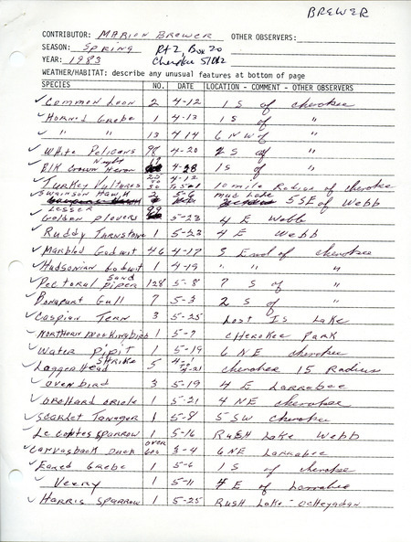 Spring report of birds found in northwest Iowa contributed by Marion M. Brewer. This item was used as supporting documentation for the Iowa Ornithologists' Union Quarterly field report of spring 1983.