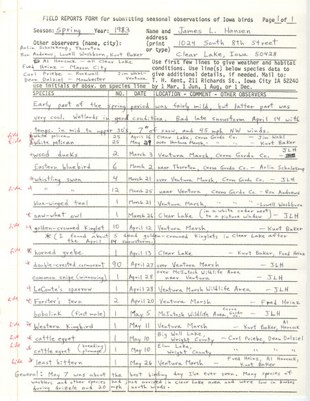 Letter with accompanying field notes from James L. Hansen to Thomas H. Kent regarding spring bird sightings in north central Iowa, June 1, 1983. This item was used as supporting documentation for the Iowa Ornithologists' Union Quarterly field report of spring 1983.