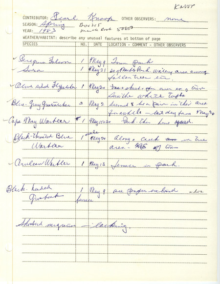 Spring report of birds found around Marble Rock contributed by Pearl Knoop. This item was used as supporting documentation for the Iowa Ornithologists' Union Quarterly field report of spring 1983.