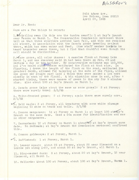 Letter from Mary R. Musgrove to Thomas H. Kent regarding spring bird sightings, April 29, 1983. This item was used as supporting documentation for the Iowa Ornithologists' Union Quarterly field report of spring 1983.