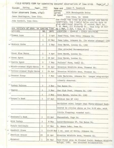 Spring report of birds and locations contributed by James P. Sandrock. This item was used as supporting documentation for the Iowa Ornithologists' Union Quarterly field report of spring 1983.