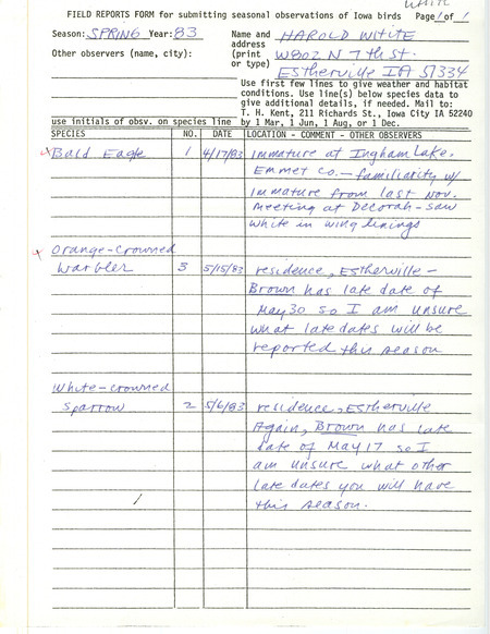 Spring report of birds found in Emmet County contributed by Harold W. White. This item was used as supporting documentation for the Iowa Ornithologists' Union Quarterly field report of spring 1983.