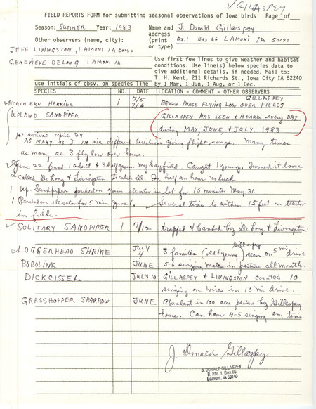 An annotated list of birds sighted by J. Donald Gillaspey and others. This item was used as supporting documentation for the Iowa Ornithologists Union Quarterly field report of Summer 1983.