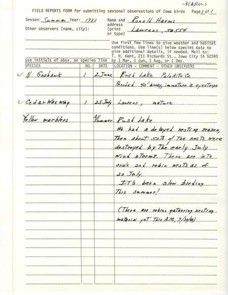 An annotated list of birds sighted by Ronald Harms. This item was used as supporting documentation for the Iowa Ornithologists Union Quarterly field report of Summer 1983.