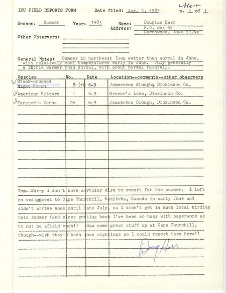 An annotated list of birds sighted by Douglas Harr. This item was used as supporting documentation for the Iowa Ornithologists Union Quarterly field report of Summer 1983.