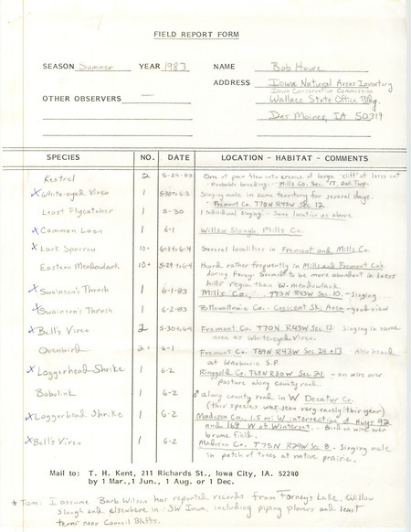An annotated list of birds sighted by Bob Howe. This item was used as supporting documentation for the Iowa Ornithologists Union Quarterly field report of Summer 1983.