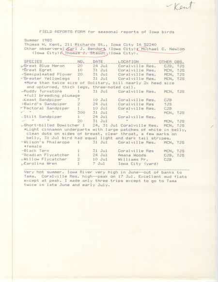 An annotated list of birds sighted by Thomas Kent and others. This item was used as supporting documentation for the Iowa Ornithologists Union Quarterly field report of Summer 1983.