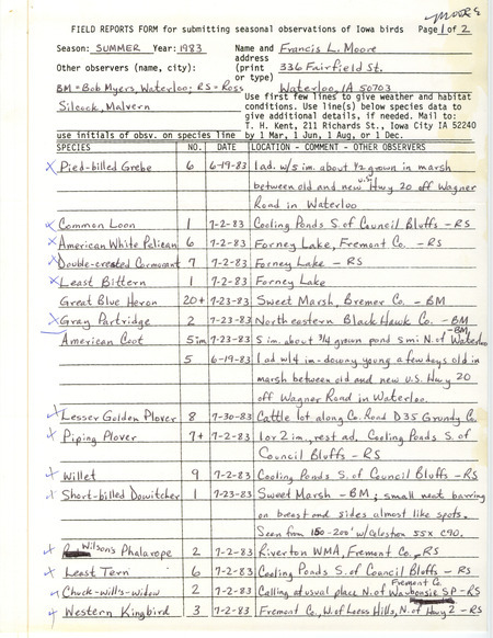 An annotated list of birds sighted by Francis Moore. This item was used as supporting documentation for the Iowa Ornithologists Union Quarterly field report of Summer 1983.