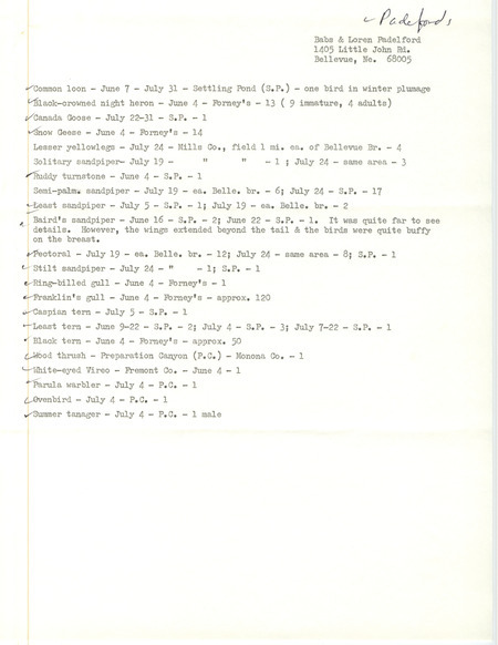 An annotated list of birds sighted by Babs & Loren Padelford. This item was used as supporting documentation for the Iowa Ornithologists Union Quarterly field report of Summer 1983.