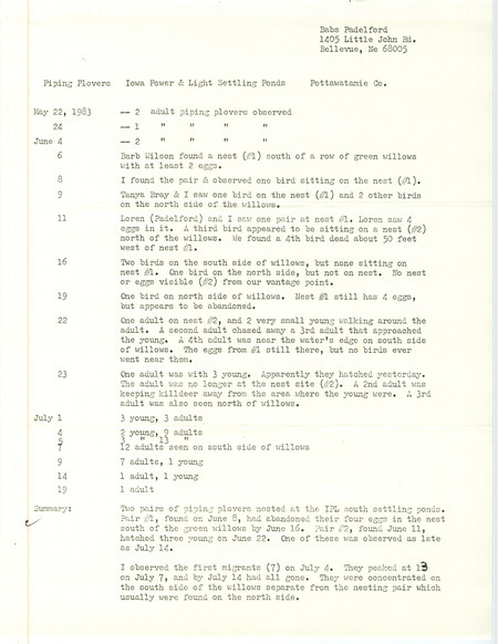 A report of Piping Plover activity around the Iowa Power & Light Settling Ponds in Pottawattamie County submitted by Babs Padelford. This item was used as supporting documentation for the Iowa Ornithologists Union Quarterly field report of Summer 1983.