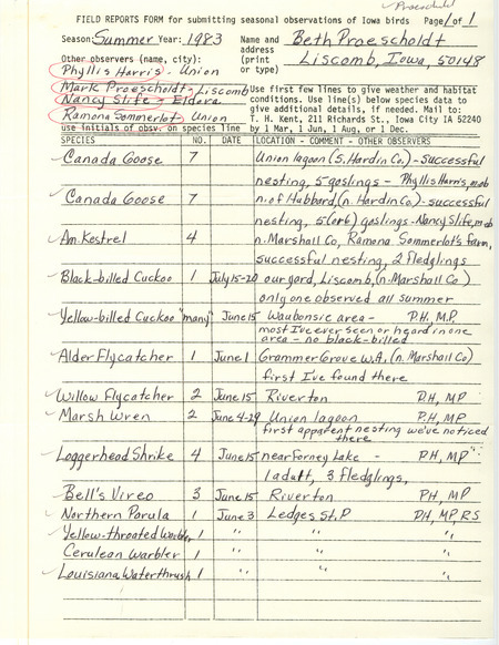 An annotated list of birds sighted by Beth Proescholdt and others. This item was used as supporting documentation for the Iowa Ornithologists Union Quarterly field report of Summer 1983.