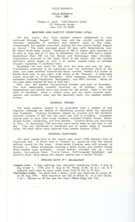 Quarterly field report for the fall of 1983 titled "Field reports, Fall 1983." It is published in Iowa Bird Life 53, 1983.