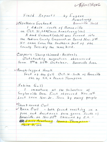 An annotated list of birds sighted by Eugene Armstrong and others. This item was used as supporting documentation for the Iowa Ornithologists Union Quarterly field report of Fall 1983.