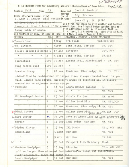 An annotated list of birds sighted by Carl Bendorf and others. This item was used as supporting documentation for the Iowa Ornithologists Union Quarterly field report of fall 1983.