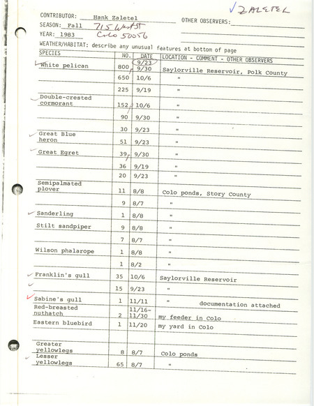 An annotated list of birds sighted by Hank Zaletel. Includes counts for the International Shorebird Survey. This item was used as supporting documentation for the Iowa Ornithologists Union Quarterly field report of fall 1983.