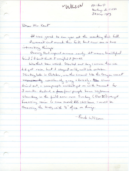 Letter from Barb Wilson to Thomas Kent discussing the recent weather and including a list of birds sighted by Barb Wilson and others. This item was used as supporting documentation for the Iowa Ornithologists Union Quarterly field report of fall 1983.