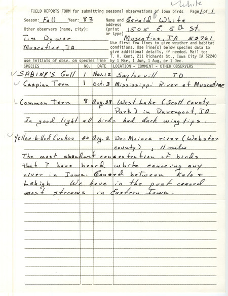 An annotated list of birds sighted by Gerald White. This item was used as supporting documentation for the Iowa Ornithologists Union Quarterly field report of Fall 1983.