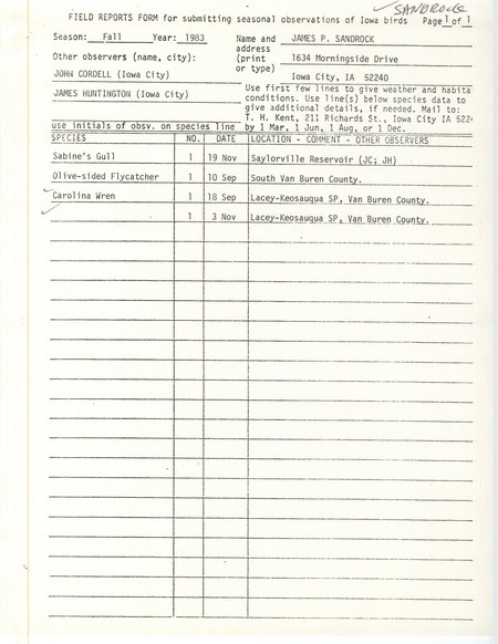 An annotated list of birds sighted by James Sandrock. This item was used as supporting documentation for the Iowa Ornithologists Union Quarterly field report of Fall 1983.