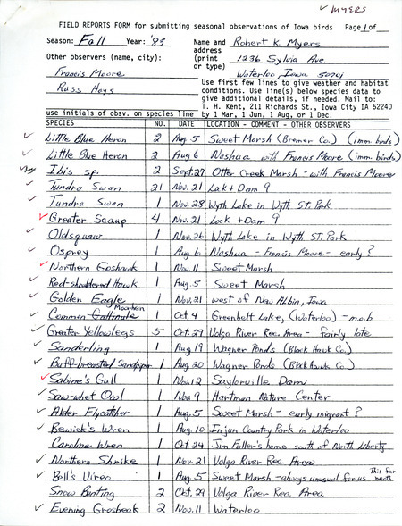 An annotated list of birds sighted by Robert Myers and others. Includes identification notes for five of the sightings. This item was used as supporting documentation for the Iowa Ornithologists Union Quarterly field report of fall 1983.