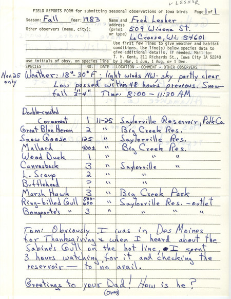 An annotated list of birds sighted by Fred Lesher. This item was used as supporting documentation for the Iowa Ornithologists Union Quarterly field report of fall 1983.