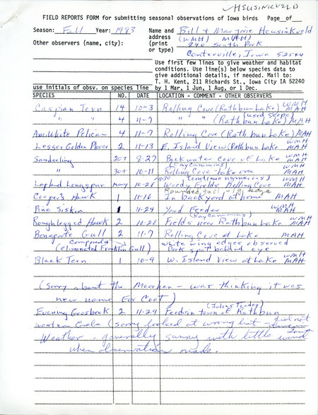 An annotated list of birds sighted by Bill and Marjorie Heusinkveld. Includes a letter with a more extensive list of birds sighted. This item was used as supporting documentation for the Iowa Ornithologists Union Quarterly field report of fall 1983.